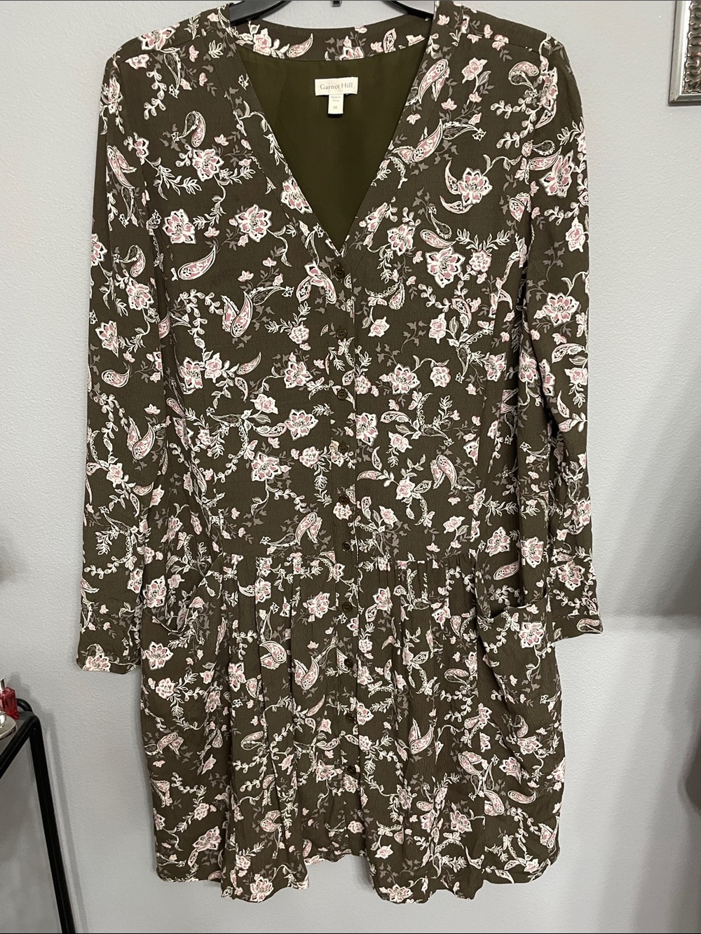 Garnet Hill Bohemian Pocket Detail Drop Waist Dress Olive Green Floral Print 8